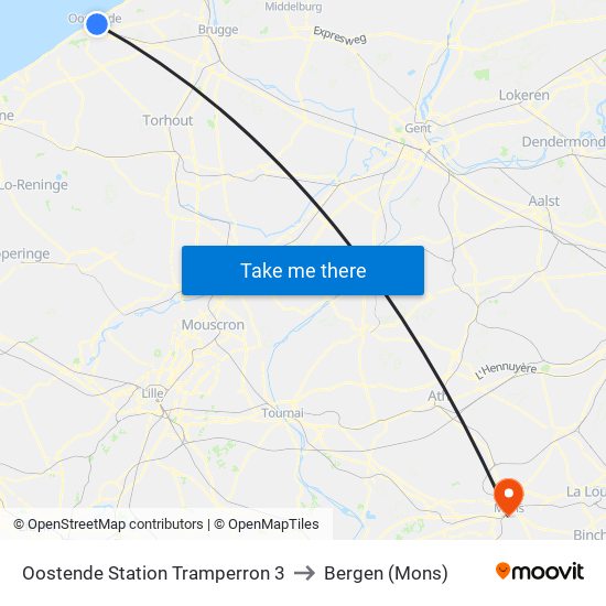 Oostende Station Tramperron 3 to Bergen (Mons) map