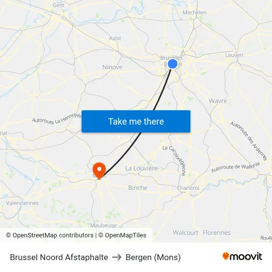 Brussel Noord Afstaphalte to Bergen (Mons) map