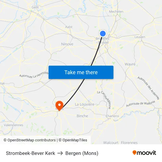 Strombeek-Bever Kerk to Bergen (Mons) map