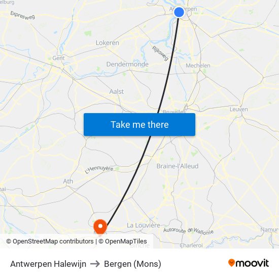 Antwerpen Halewijn to Bergen (Mons) map