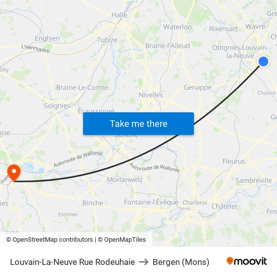 Louvain-La-Neuve Rue Rodeuhaie to Bergen (Mons) map