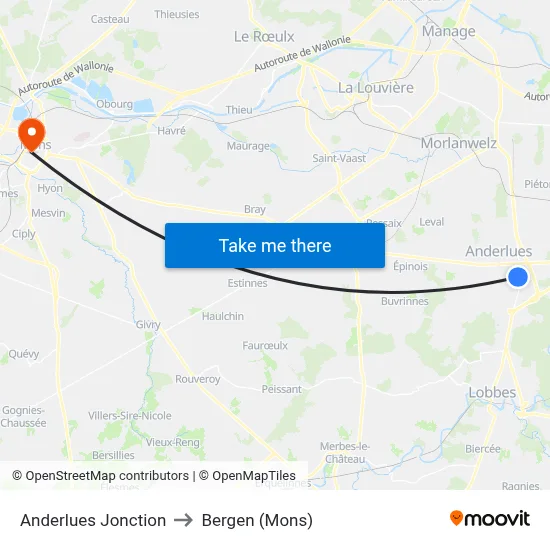 Anderlues Jonction to Bergen (Mons) map