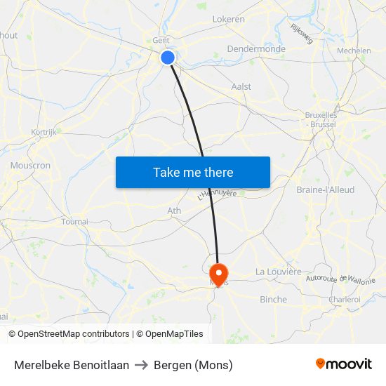 Merelbeke Benoitlaan to Bergen (Mons) map