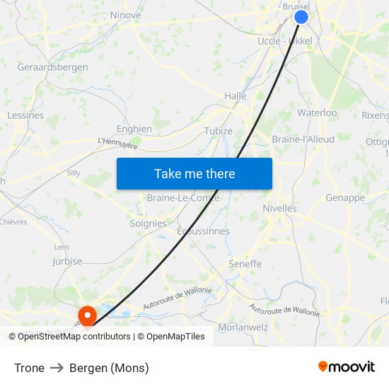 Trone to Bergen (Mons) map