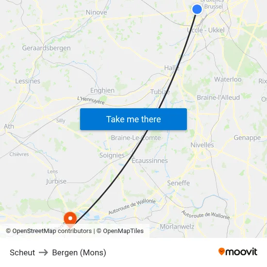 Scheut to Bergen (Mons) map