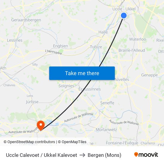 Uccle Calevoet / Ukkel Kalevoet to Bergen (Mons) map