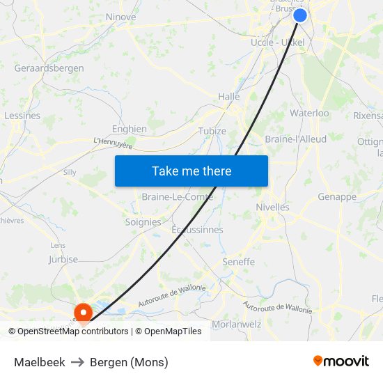 Maelbeek to Bergen (Mons) map