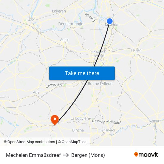Mechelen Emmaüsdreef to Bergen (Mons) map