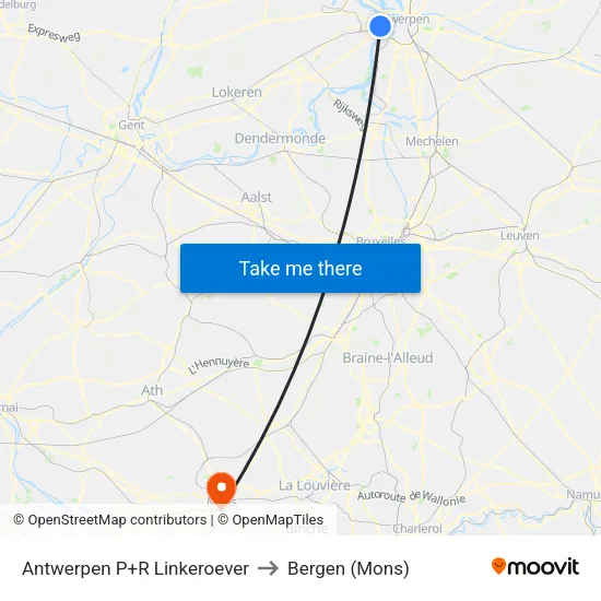 Antwerpen P+R Linkeroever to Bergen (Mons) map