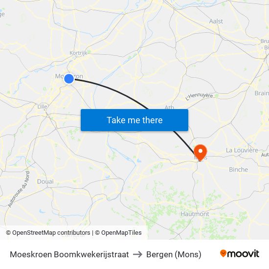 Moeskroen Boomkwekerijstraat to Bergen (Mons) map