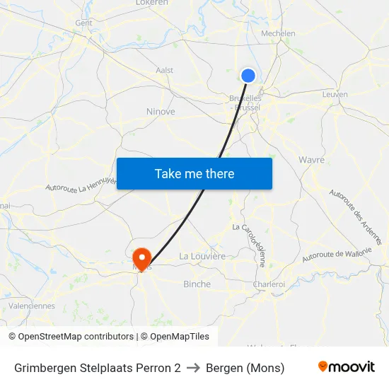 Grimbergen Stelplaats Perron 2 to Bergen (Mons) map