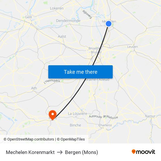 Mechelen Korenmarkt to Bergen (Mons) map