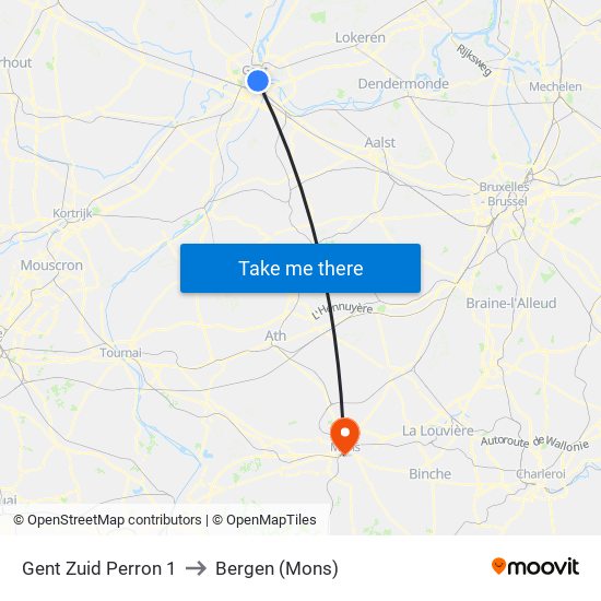 Gent Zuid Perron 1 to Bergen (Mons) map