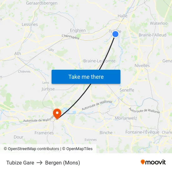 Tubize Gare to Bergen (Mons) map