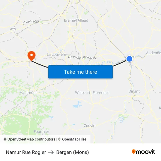 Namur Rue Rogier to Bergen (Mons) map
