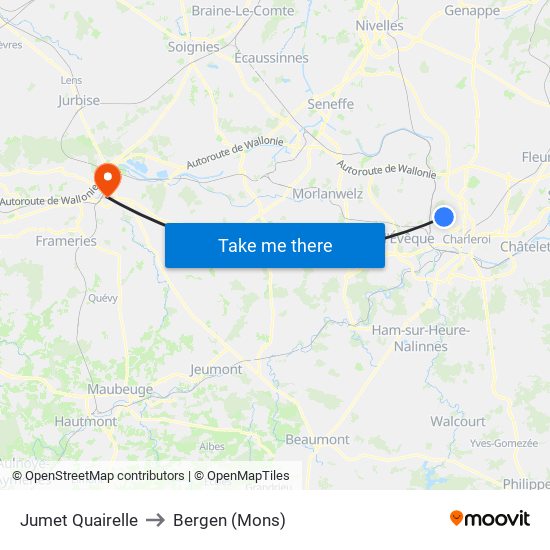 Jumet Quairelle to Bergen (Mons) map