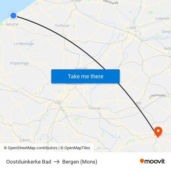 Oostduinkerke Bad to Bergen (Mons) map