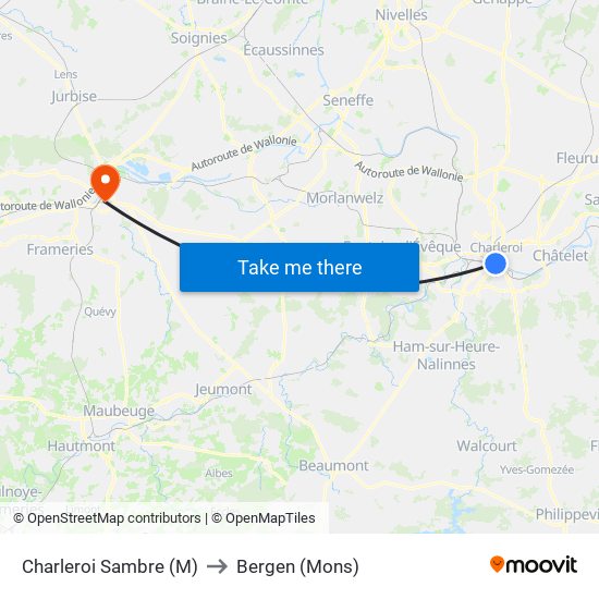 Charleroi Sambre (M) to Bergen (Mons) map