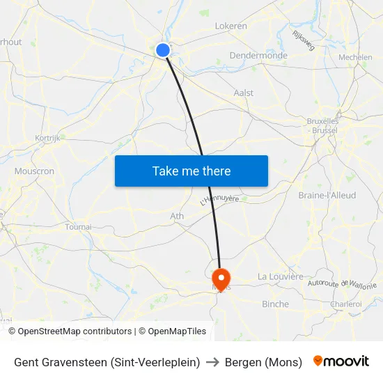 Gent Gravensteen (Sint-Veerleplein) to Bergen (Mons) map