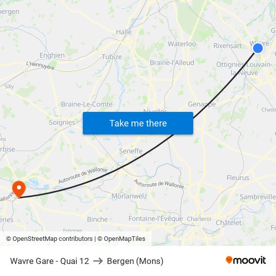 Wavre Gare - Quai 12 to Bergen (Mons) map