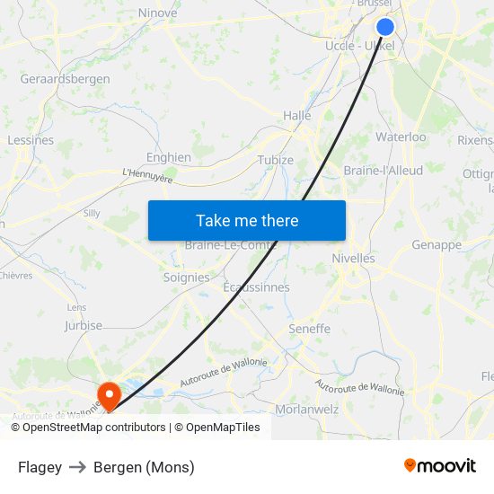 Flagey to Bergen (Mons) map