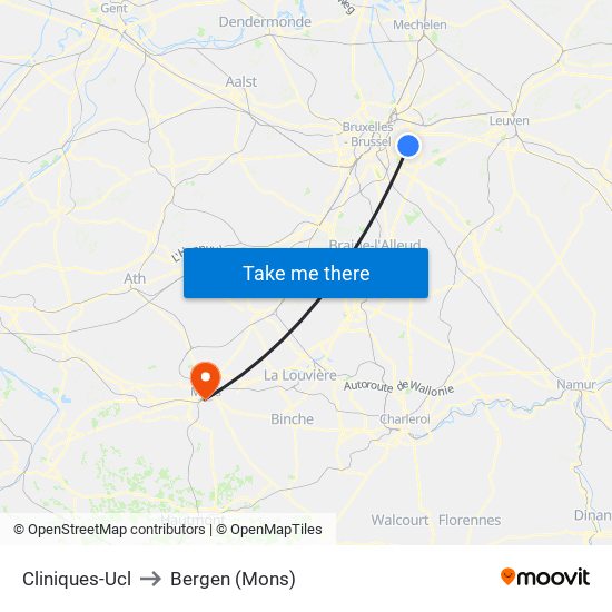 Cliniques-Ucl to Bergen (Mons) map
