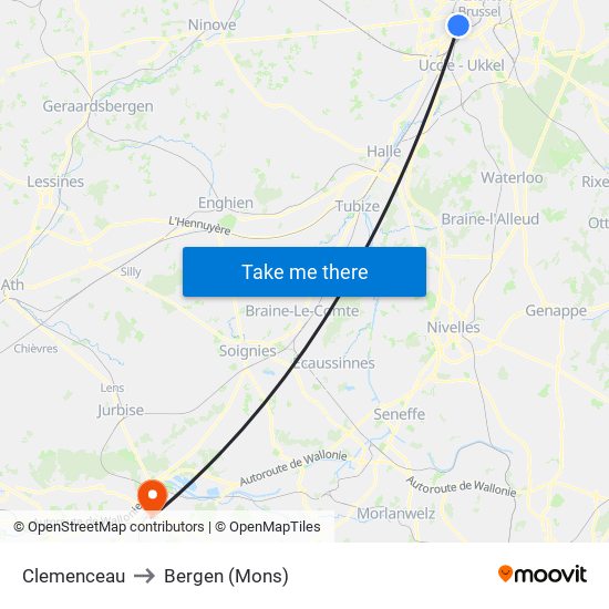 Clemenceau to Bergen (Mons) map