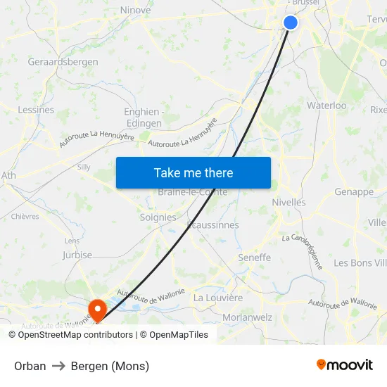 Orban to Bergen (Mons) map