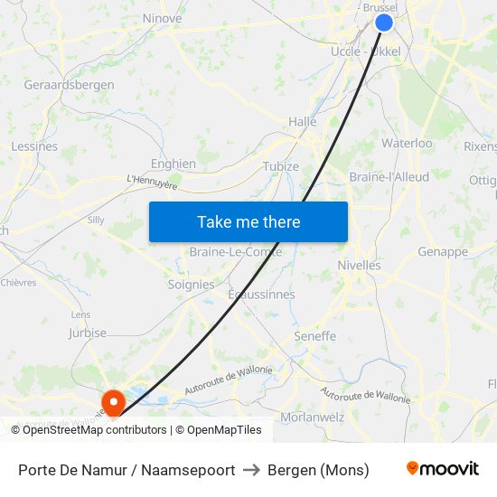 Porte De Namur / Naamsepoort to Bergen (Mons) map