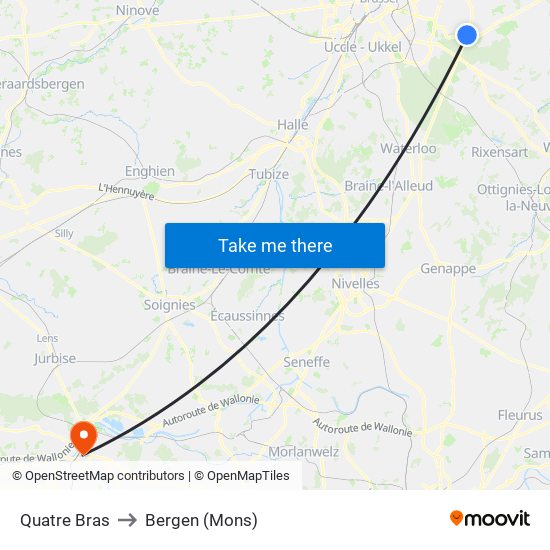 Quatre Bras to Bergen (Mons) map