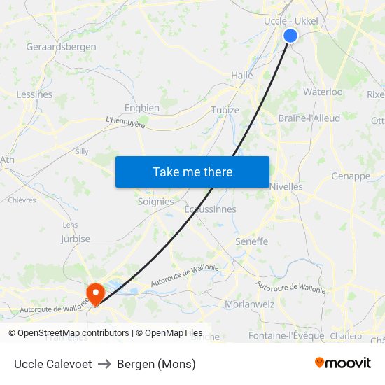 Uccle Calevoet to Bergen (Mons) map