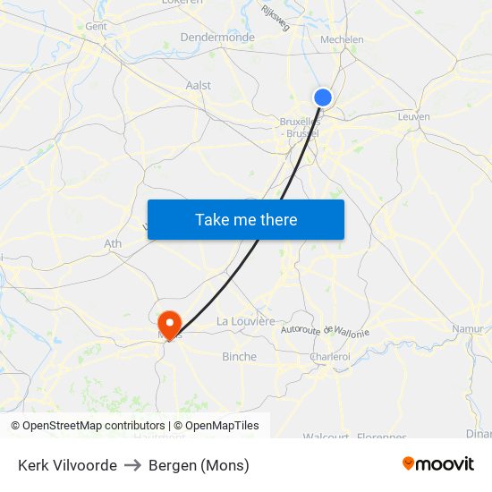 Kerk Vilvoorde to Bergen (Mons) map