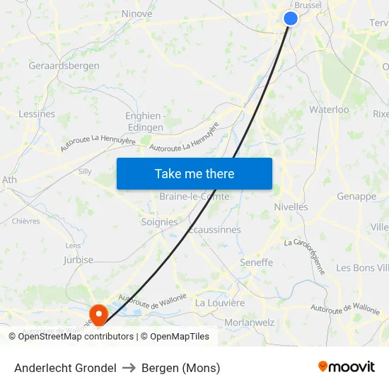 Anderlecht Grondel to Bergen (Mons) map