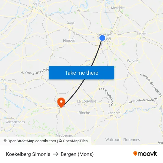 Koekelberg Simonis to Bergen (Mons) map
