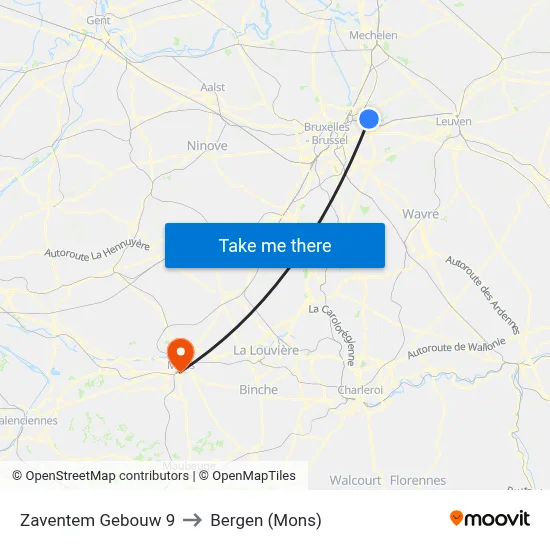 Zaventem Building 9 to Bergen (Mons) map