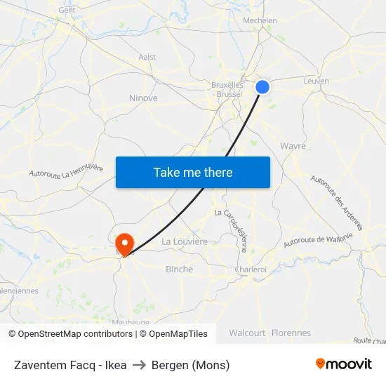 Zaventem Facq - Ikea to Bergen (Mons) map