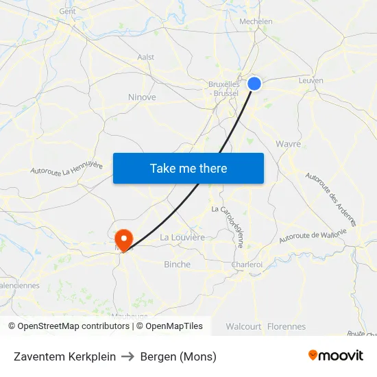 Zaventem Kerkplein to Bergen (Mons) map