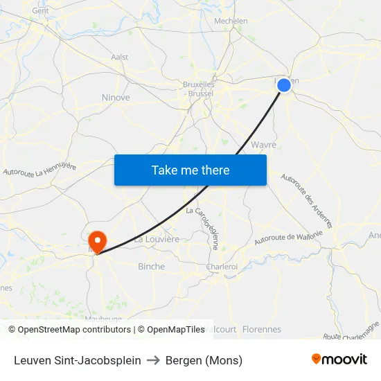 Leuven Sint-Jacobsplein to Bergen (Mons) map