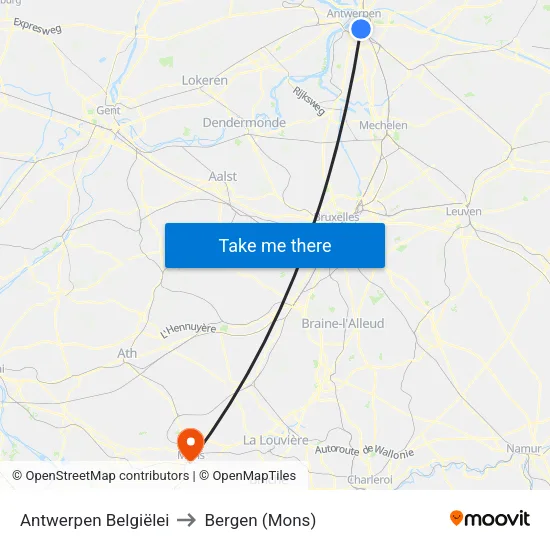 Antwerpen Belgiëlei to Bergen (Mons) map