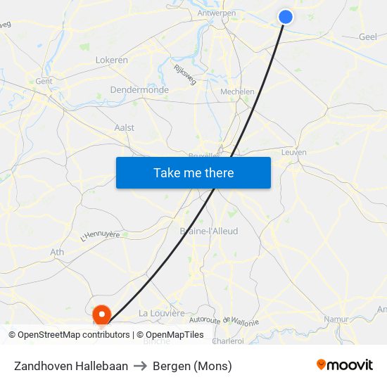 Zandhoven Hallebaan to Bergen (Mons) map