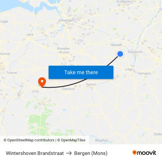 Wintershoven Brandstraat to Bergen (Mons) map