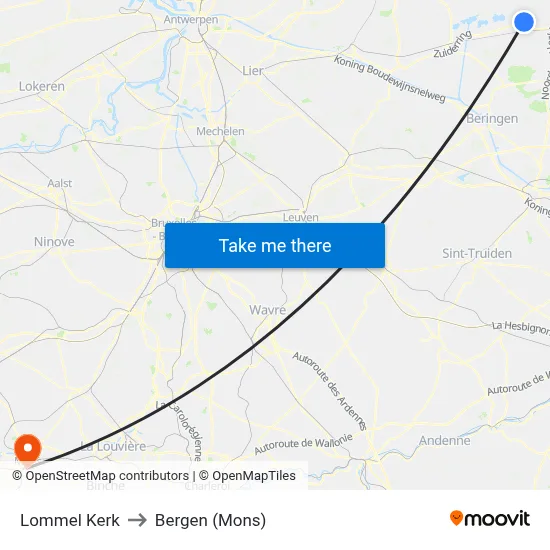 Lommel Church to Bergen (Mons) map