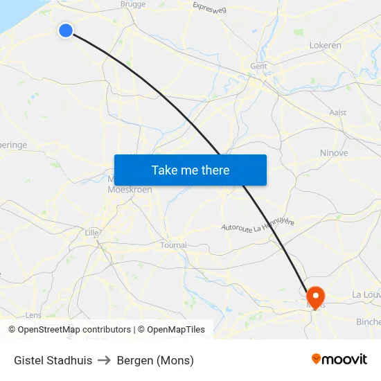 Gistel Stadhuis to Bergen (Mons) map