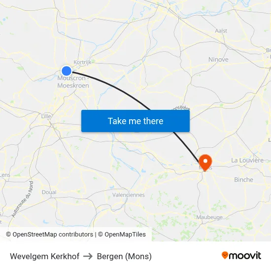 Wevelgem Cemetery to Bergen (Mons) map