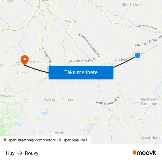 Huy to Bouvy map