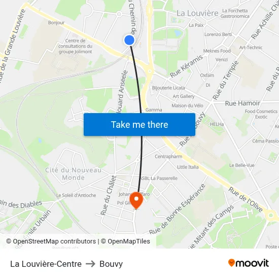 La Louvière-Center to Bouvy map