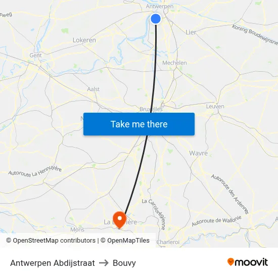 Antwerp Abbey Street to Bouvy map