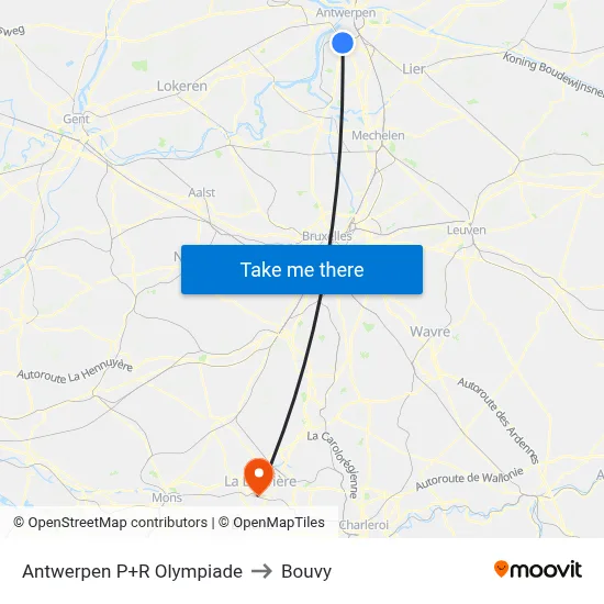 Antwerp P+R Olympiad to Bouvy map