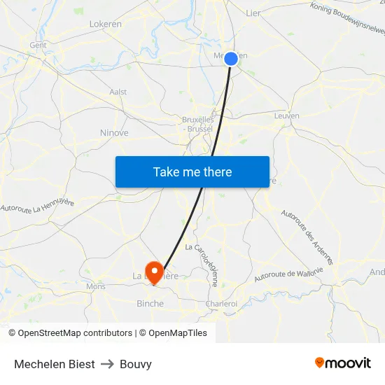 Mechelen Biest to Bouvy map