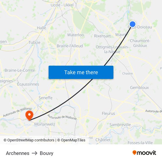 Archennes to Bouvy map